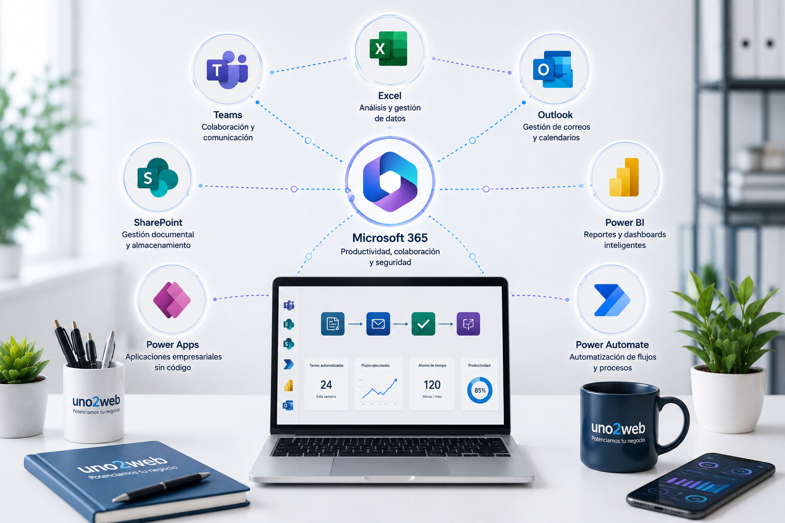 Herramientas para automatizar procesos empresariales con Microsoft 365, Power Automate, Power Apps, SharePoint, Power BI, Teams, Outlook y Excel conectadas en un ecosistema digital.