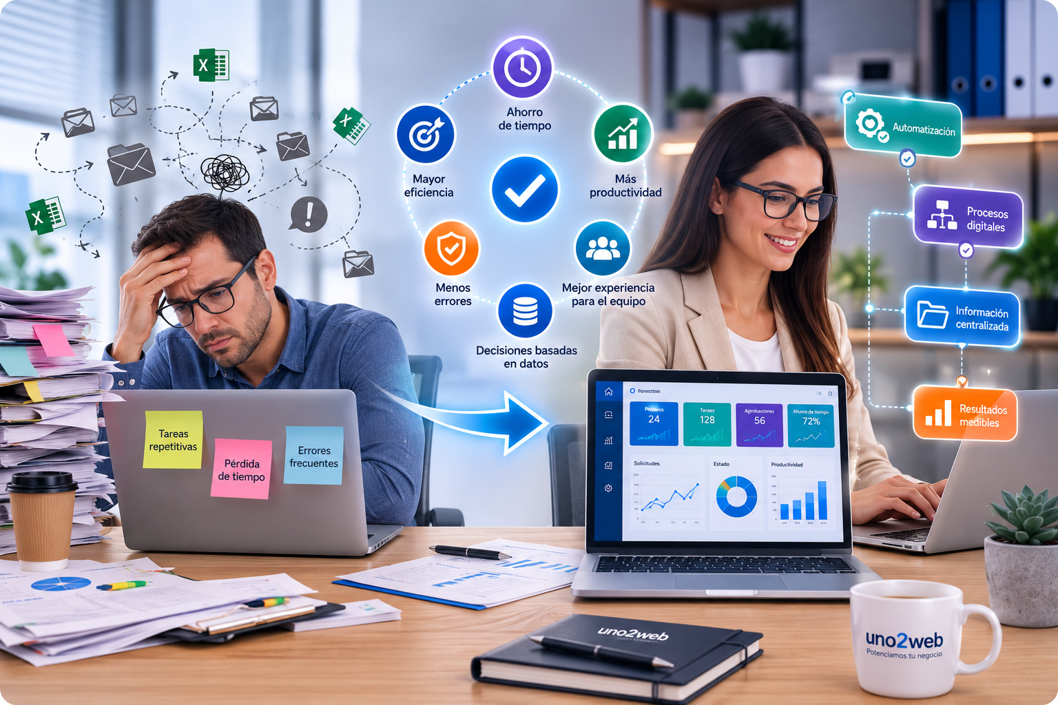 Comparación entre procesos manuales y procesos automatizados en una empresa utilizando Microsoft 365 para mejorar la productividad y reducir errores.